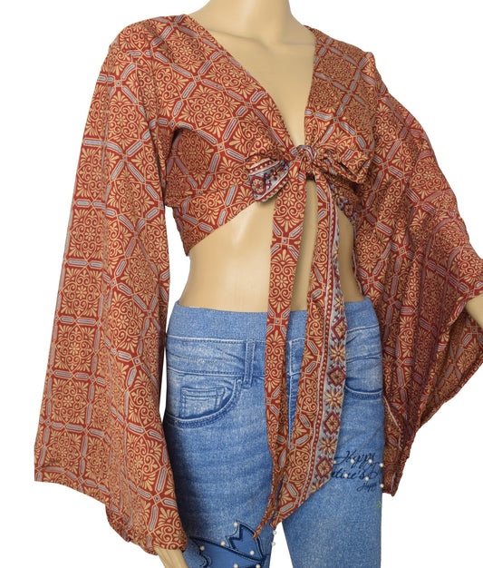 Sushila Vintage Bell Sleeve Bohemian Red NEW Recycled Silk Saree Top 70,s Retro