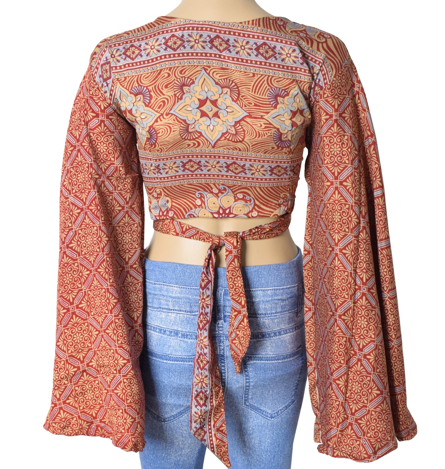 Sushila Vintage Bell Sleeve Bohemian Red NEW Recycled Silk Saree Top 70,s Retro