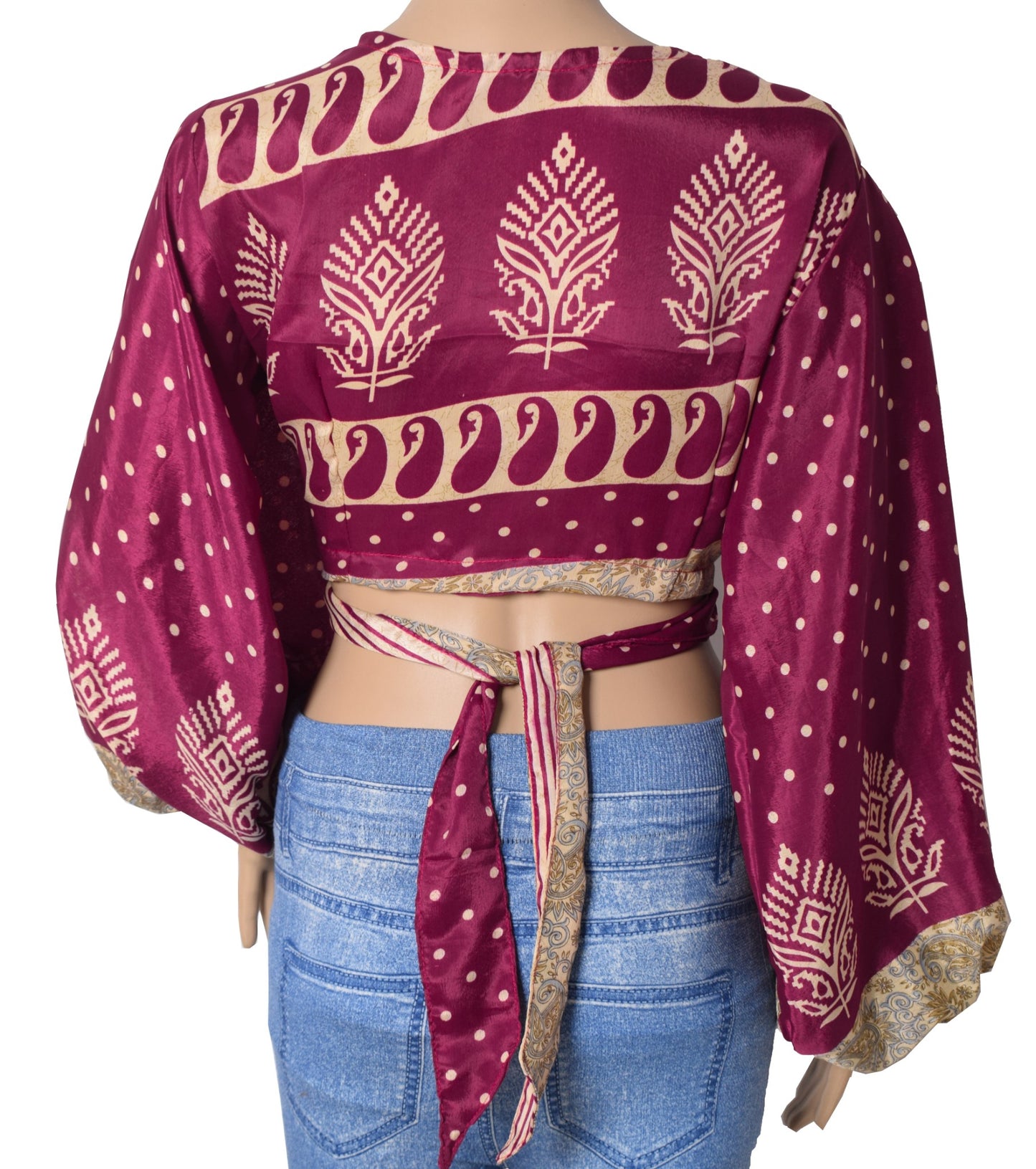 Sushila Vintage Balloon Sleeve Bohemian NEW Magenta Silk Saree Top 70,s Retro