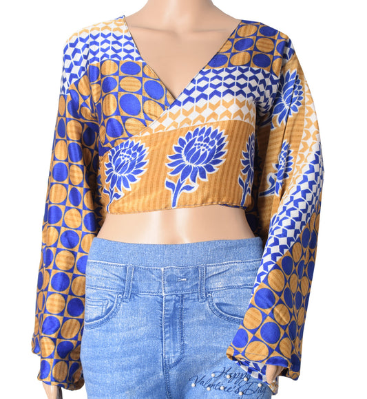 Sushila Vintage Bell Sleeve Boho Polka Dot NEW Recycled Silk Saree Top 70,s Blue