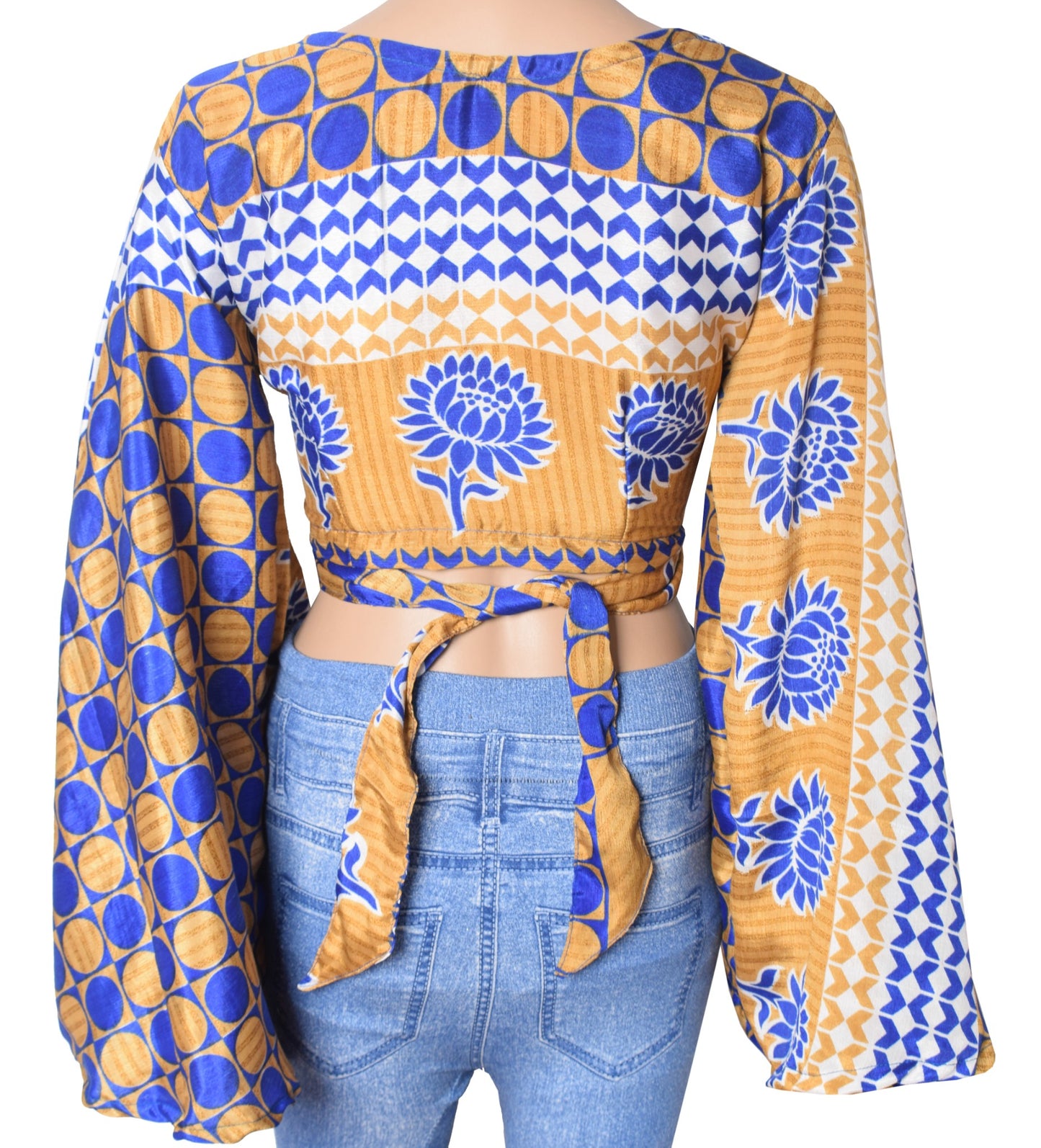 Sushila Vintage Bell Sleeve Boho Polka Dot NEW Recycled Silk Saree Top 70,s Blue