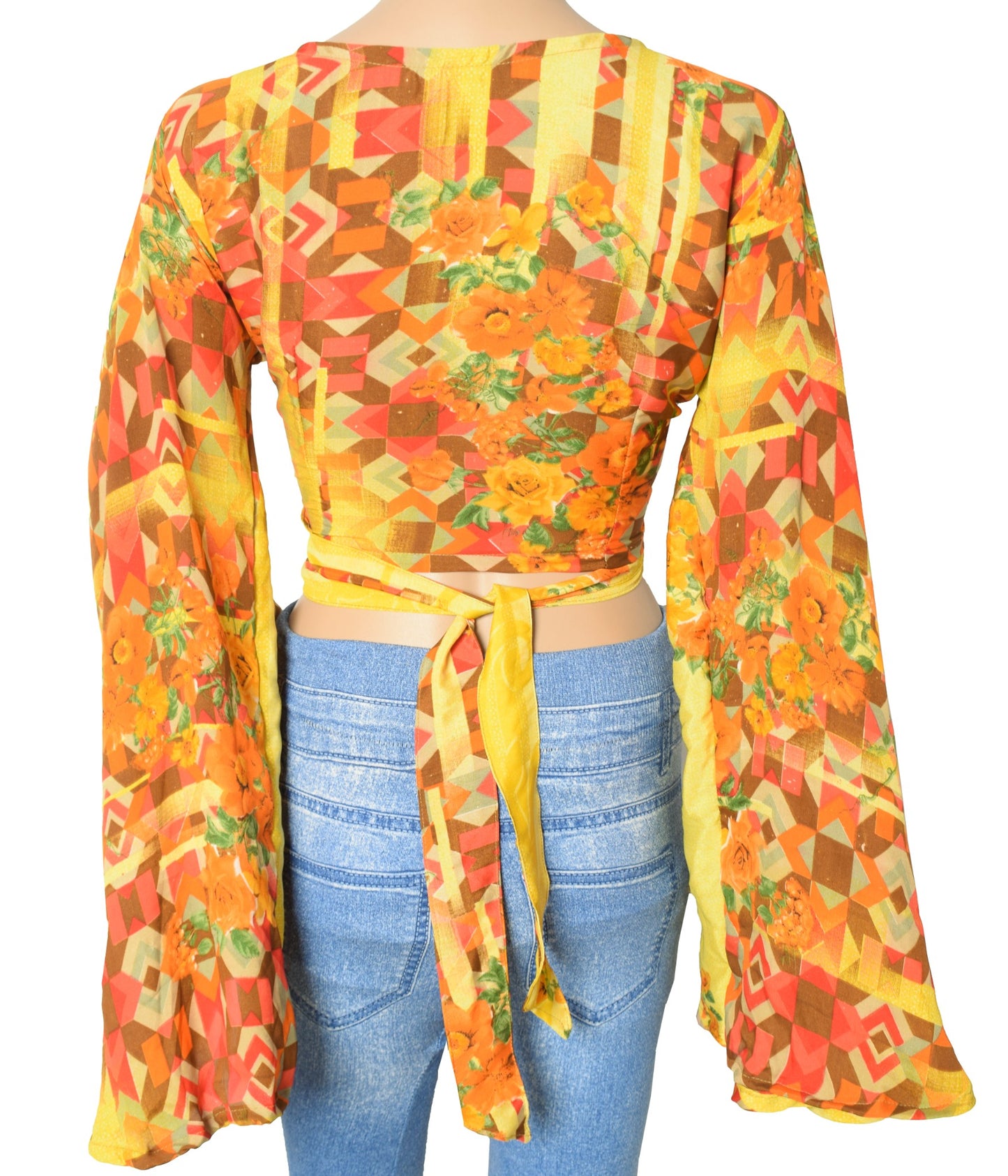Sushila Vintage Bell Sleeve Bohemian Yellow Recycled Silk Saree Top 70,s Retro