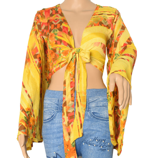 Sushila Vintage Bell Sleeve Bohemian Yellow Recycled Silk Saree Top 70,s Retro