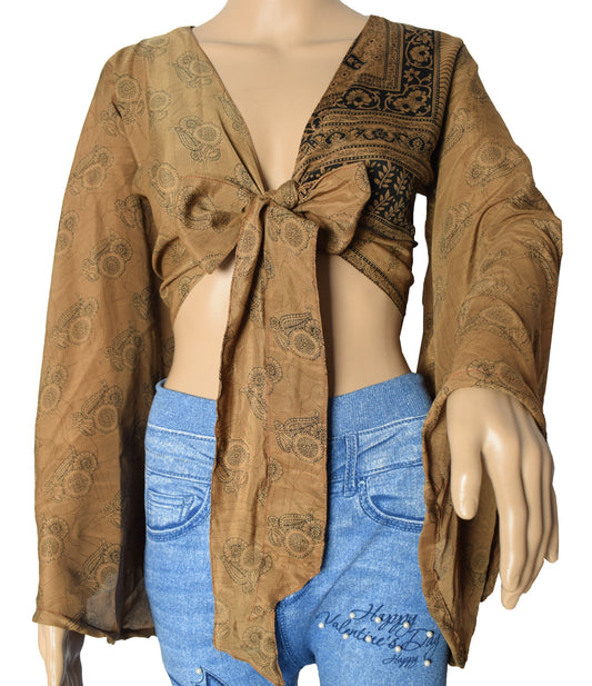 Sushila Vintage Bell Sleeve Bohemian Brown Recycled Silk Saree Top 70,s Retro