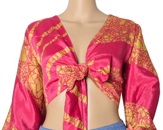 Sushila Vintage Balloon Sleeve Boho Magenta NEW Recycled Silk Saree Top 70,s