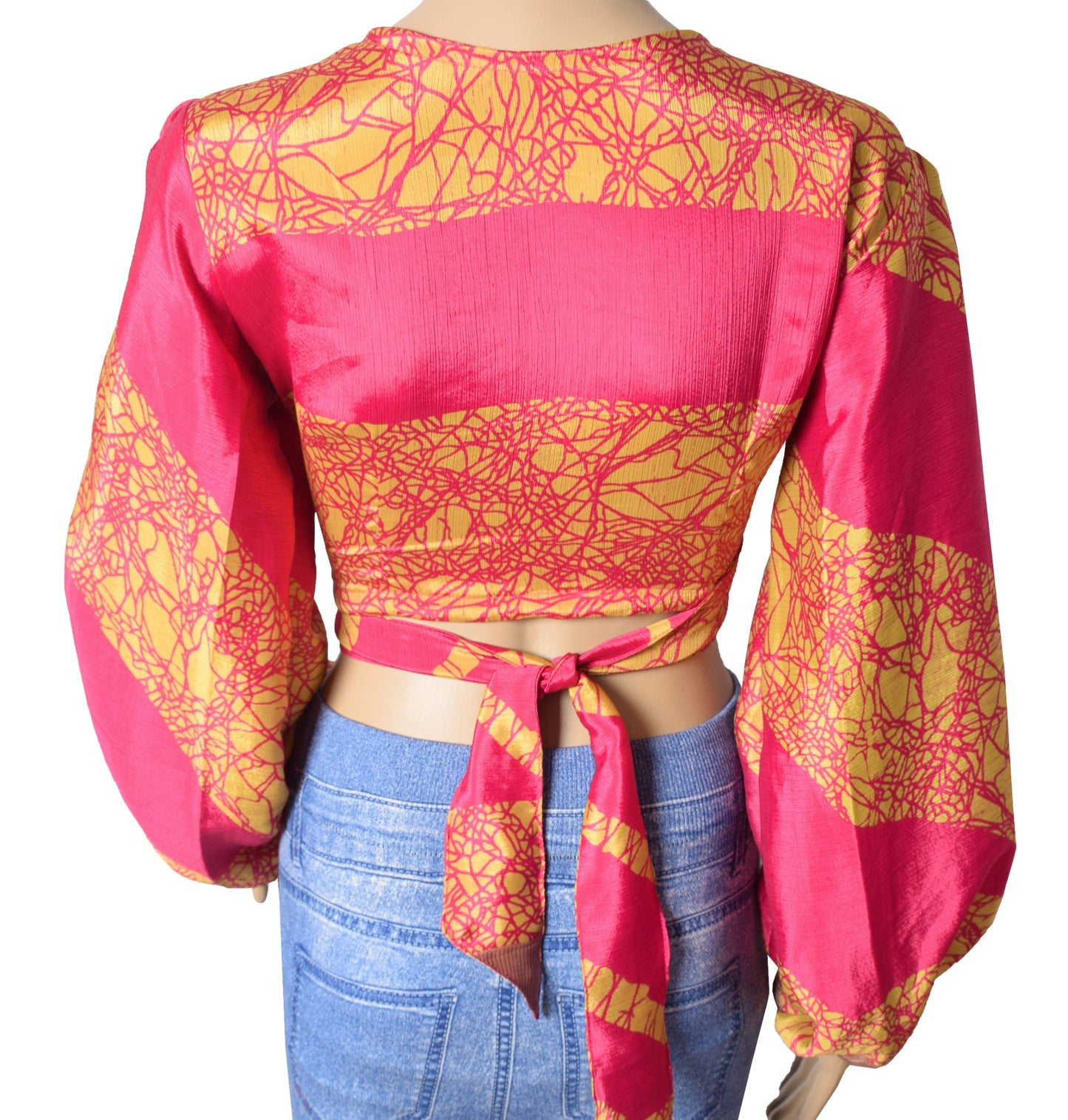 Sushila Vintage Balloon Sleeve Boho Magenta NEW Recycled Silk Saree Top 70,s