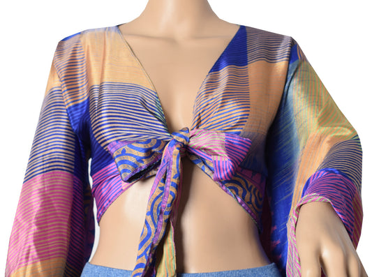 Sushila Vintage Bell Sleeve Multi-Color NEW Recycled Silk Saree Top 70,s Boho