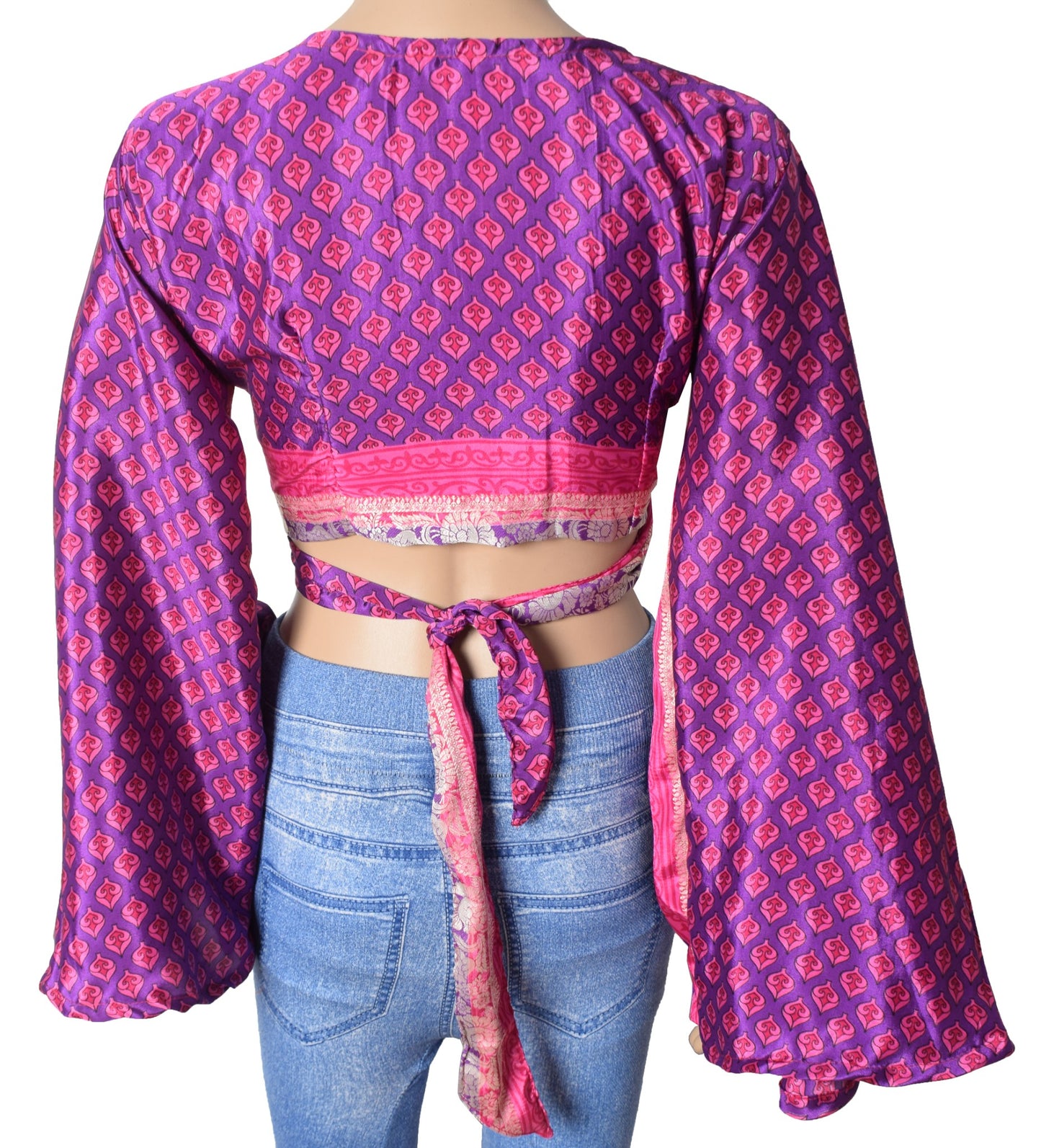 Sushila Vintage Purple Bell Sleeve Bohemian NEW Recycled Silk Saree Top 70,s