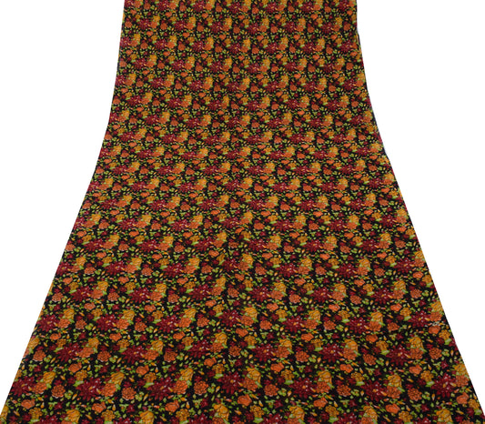 Sushila Vintage Black Sari Pure Georgette Silk Printed Dress Fabric By the Yard