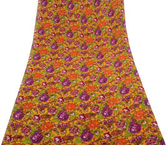 Sushila Vintage Yellow Pure Georgette Silk Printed Sari Dress Fabric By the Yard