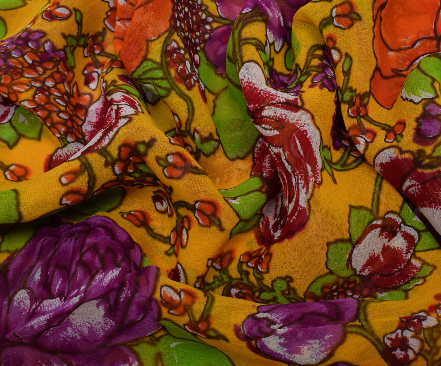 Sushila Vintage Yellow Pure Georgette Silk Printed Sari Dress Fabric By the Yard
