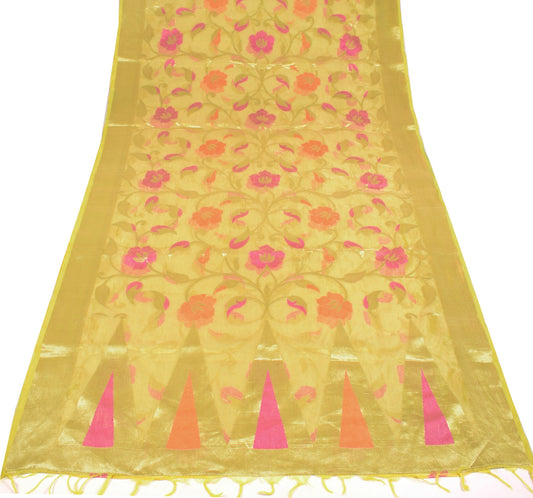 Sushila Vintage Yellow Pure Tissue Saree Floral Woven HEAVY Sari Craft Fabric