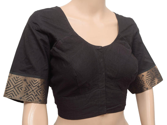 Sushila Vintage Readymade Stitched Sari Blouse Black Pure Cotton Woven Choli 40 for Wearing or Crafting Purpose