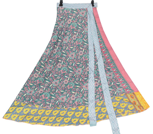 Sushila Vintage Saree Magic Wrap Reversible Skirt Gray Yellow Art Silk Beach Dress