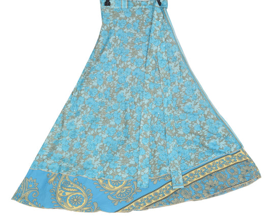 Sushila Vintage Art Silk Saree Magic Wrap Reversible Skirt Beach Dress Aqua Blue