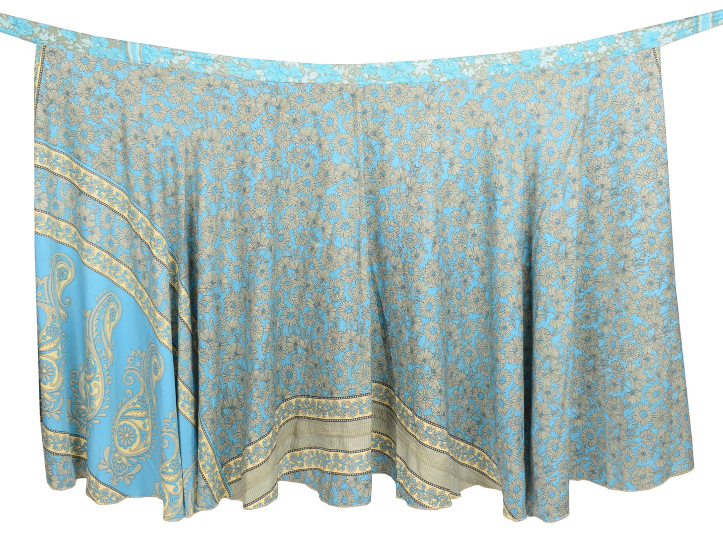 Sushila Vintage Art Silk Saree Magic Wrap Reversible Skirt Beach Dress Aqua Blue