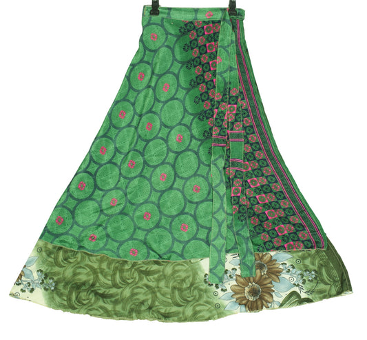 Sushila Vintage Art Silk Saree Magic Wrap Reversible Skirt BeachDress Green Boho