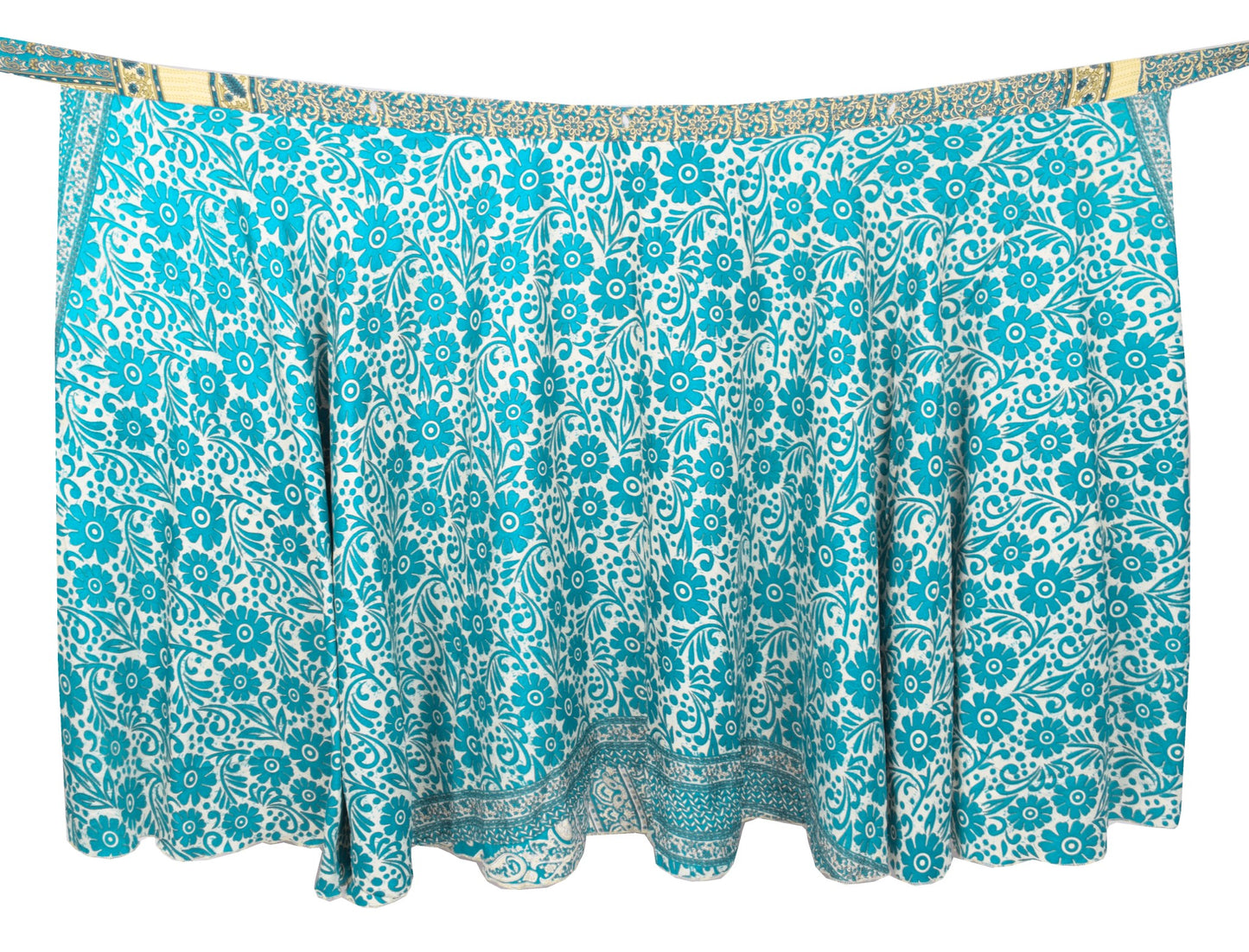 Sushila Vintage Art Silk Saree Magic Wrap Reversible Skirt Teal Blue BeachDress