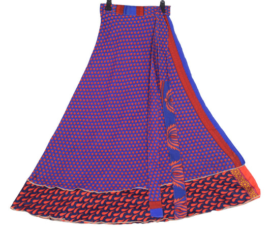 Sushila Vintage Red Blue Saree Magic Wrap Reversible Skirt Beach Art Silk Dress Boho