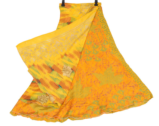 Sushila Vintage Yellow Saree Magic Wrap Reversible Skirt Art Silk Beach Dress