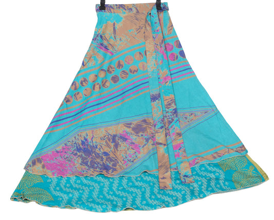 Sushila Vintage Turq- Blue Saree Magic Wrap Reversible Skirt Art Silk Beach Dress