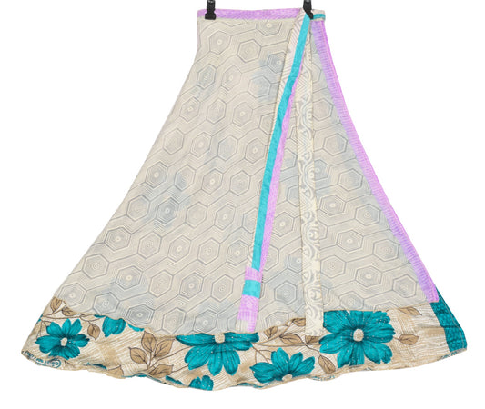 Sushila Vintage Cream Saree Magic Wrap Floral Reversible Skirt Art Silk Beach Dress