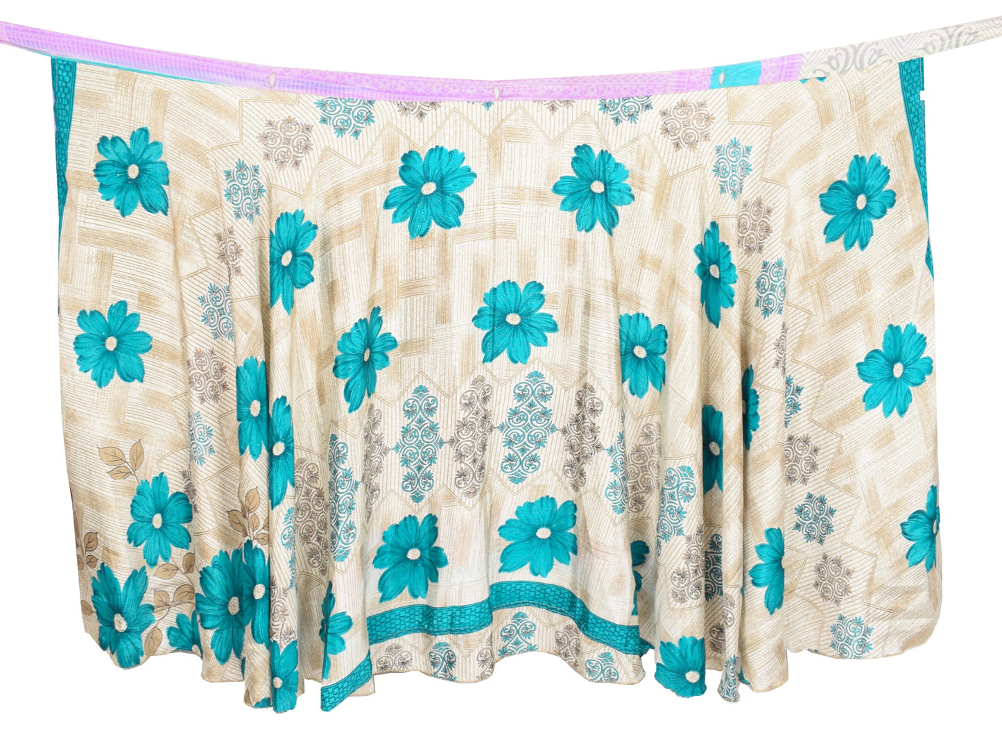 Sushila Vintage Cream Saree Magic Wrap Floral Reversible Skirt Art Silk Beach Dress
