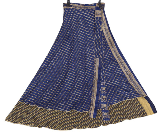 Sushila Vintage Deep Blue Saree Magic Wrap Reversible Skirt Art Silk Beach Dress
