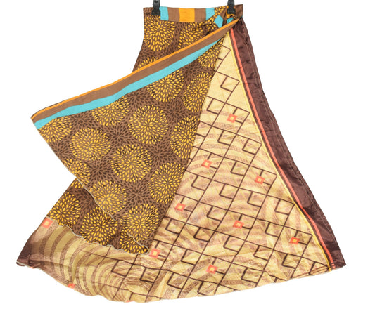 Sushila Vintage Brown Art Silk Saree Magic Wrap Floral Reversible Skirt Beach Dress