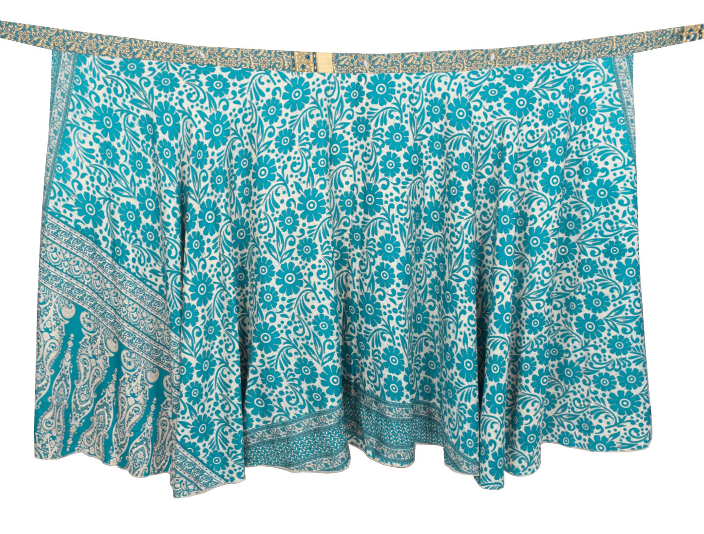 Sushila Vintage Art Silk Saree Magic Wrap Reversible Skirt Teal Blue Beach Dress Boho