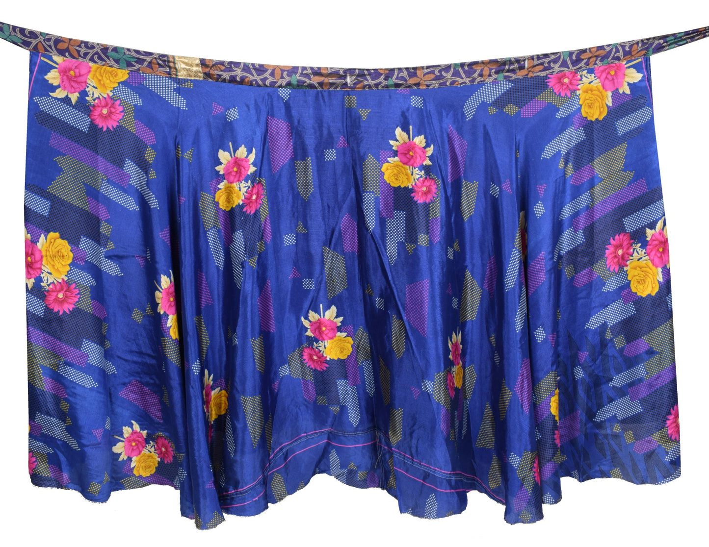 Sushila Vintage Art Silk Saree Magic Wrap Blue Boho Reversible Skirt BeachDress