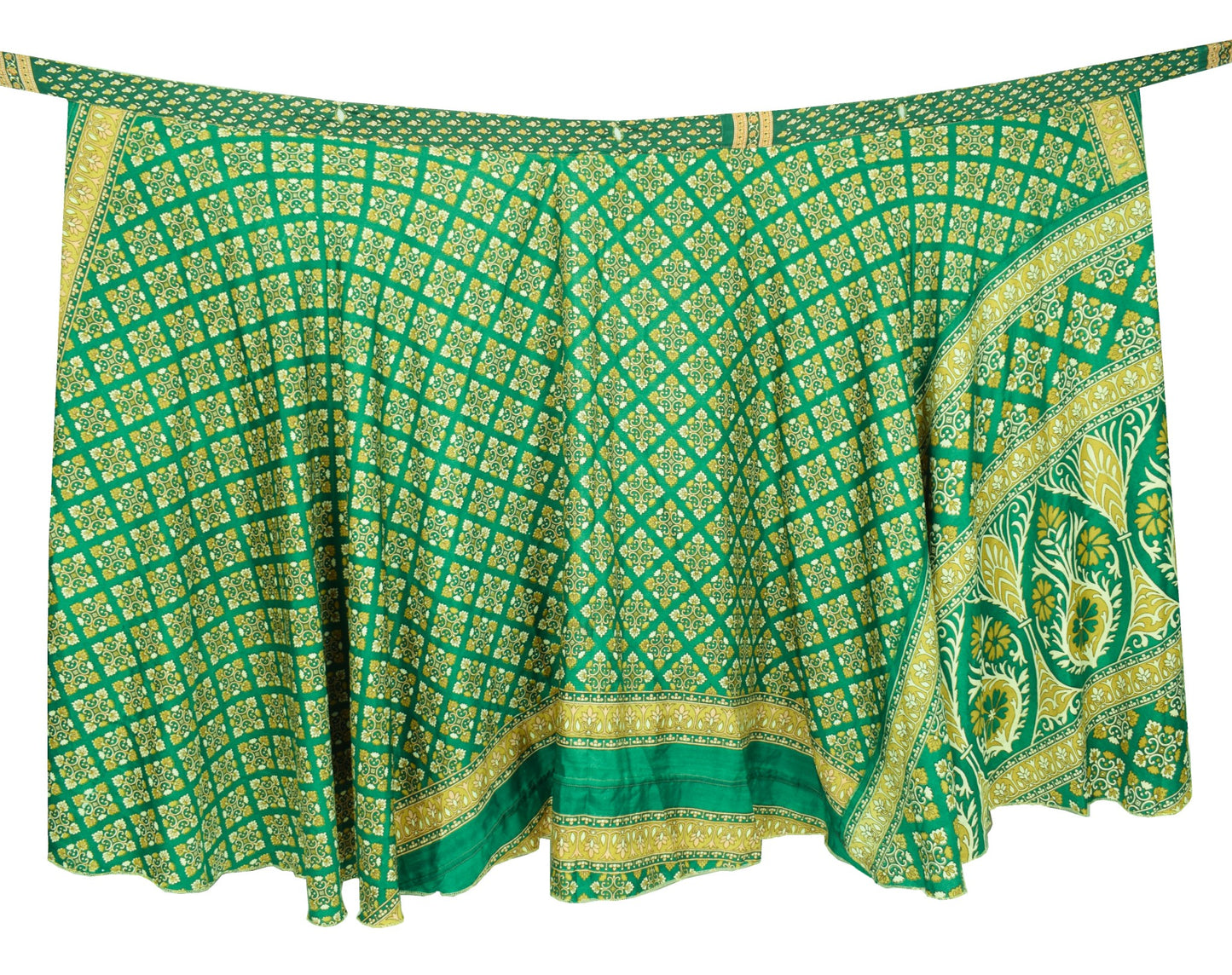 Sushila Vintage Art Silk Saree Magic Wrap Reversible Skirt Green Floral Dress