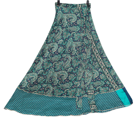 Sushila Vintage Art Silk Saree Magic Wrap Blue Paisley Reversible Skirt Beach Dress