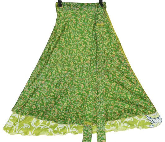 Sushila Vintage Art Silk Saree Magic Wrap Reversible Skirt Beach Dress Green Floral
