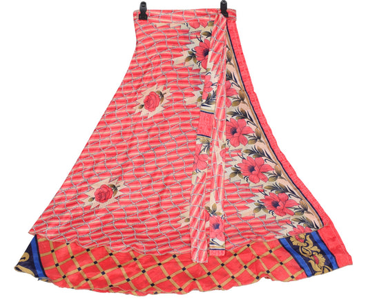 Sushila Vintage Pink Checks Saree Magic Wrap Reversible Skirt Art Silk Beach Dress