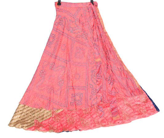 Sushila Vintage Saree Magic Wrap Pink Art Silk Reversible Skirt Beach Dress Boho