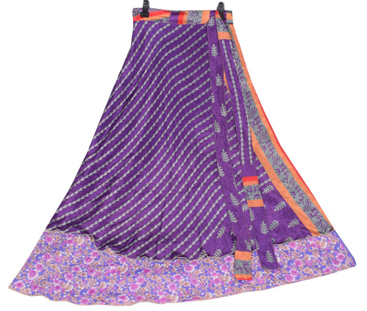 Sushila Vintage Art Silk Saree Magic Wrap Reversible Skirt Floral Purple Beach Dress