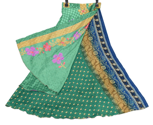 Sushila Vintage Teal Green Art Silk Saree Magic Wrap Reversible Skirt Beach Dress