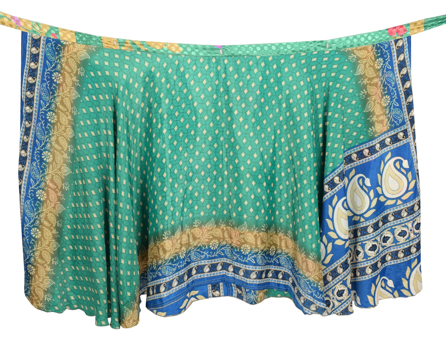 Sushila Vintage Teal Green Art Silk Saree Magic Wrap Reversible Skirt Beach Dress