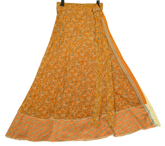 Sushila Vintage Art Silk Saree Magic Wrap Reversible Skirt Brown Floral Beach Dress
