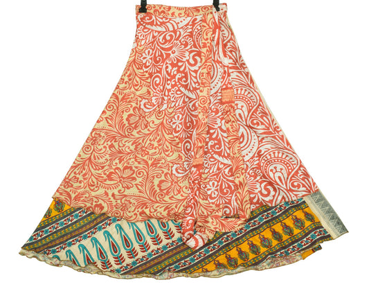 Sushila Vintage Saree Magic Wrap Reversible Skirt Beige Art Silk Beach Dress