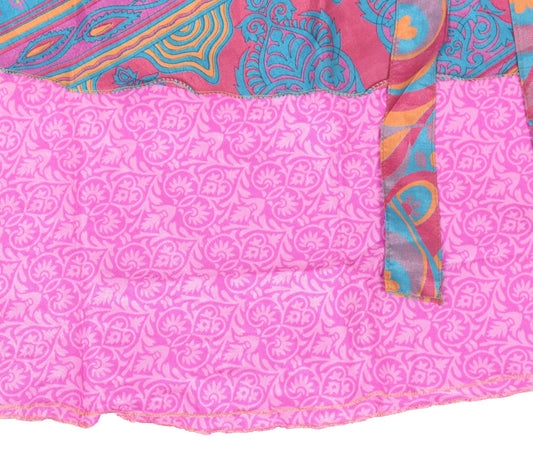 Sushila Vintage Floral Pink Saree Magic Wrap Reversible Skirt Art Silk Beach Dress