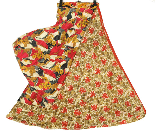 Sushila Vintage Art Silk Saree Beige Magic Wrap Reversible Skirt Beach Dress