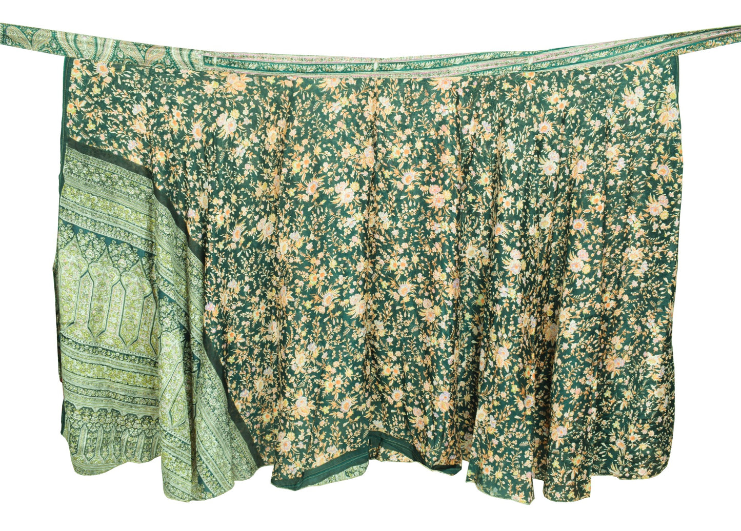 Sushila Vintage Art Silk Saree Magic Wrap Dark Green Reversible Skirt Beach Dress