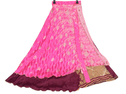 Sushila Vintage Art Silk Saree Magic Wrap Reversible Skirt Wine Beach Dress Boho