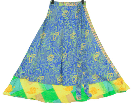 Sushila Vintage Green Blue Saree Magic Wrap Reversible Skirt Art Silk Beach Dress