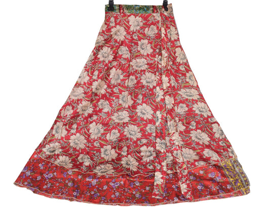 Sushila Vintage ArtSilk Saree Magic Wrap Reversible Skirt Beach Dress Red Floral