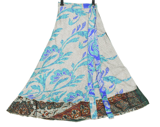 Sushila Vintage Art Silk Saree Magic Wrap Gray Reversible Skirt Beach Dress Wrap
