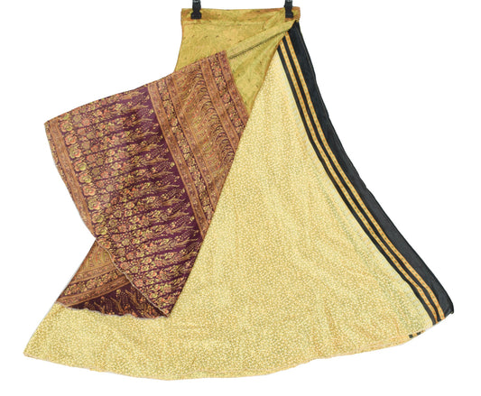 Sushila Vintage Floral Yellow Silk Saree Magic Wrap Reversible Skirt BeachDress