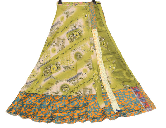 Sushila Vintage Floral Green Silk Saree Magic Wrap Beach Dress Reversible Skirt